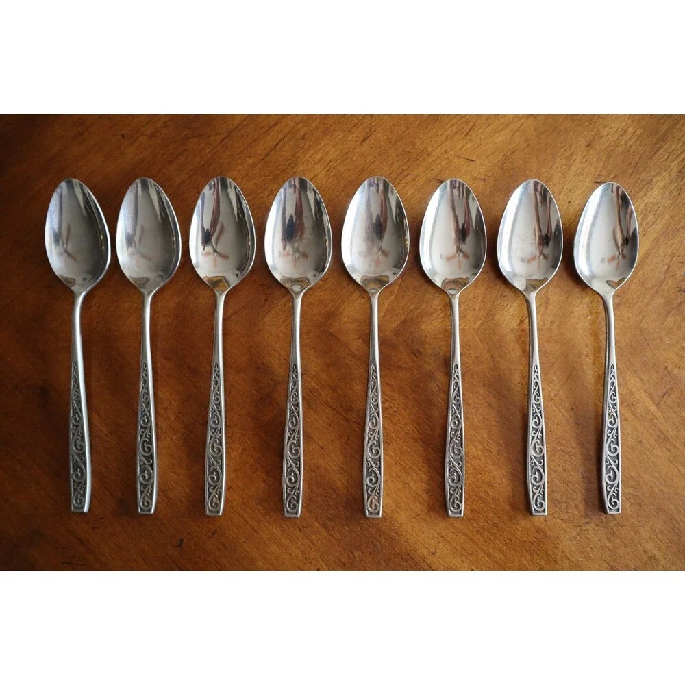 Lot 8x Imperial International IIC DAVOS Stainless Black Floral Table Spoon 7.5
